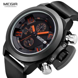 Fashion Megir Mens Silicone Band Sport Quartz Wrist Watches Analog Display Chronograph Black Watch For Man With Calendar 2002