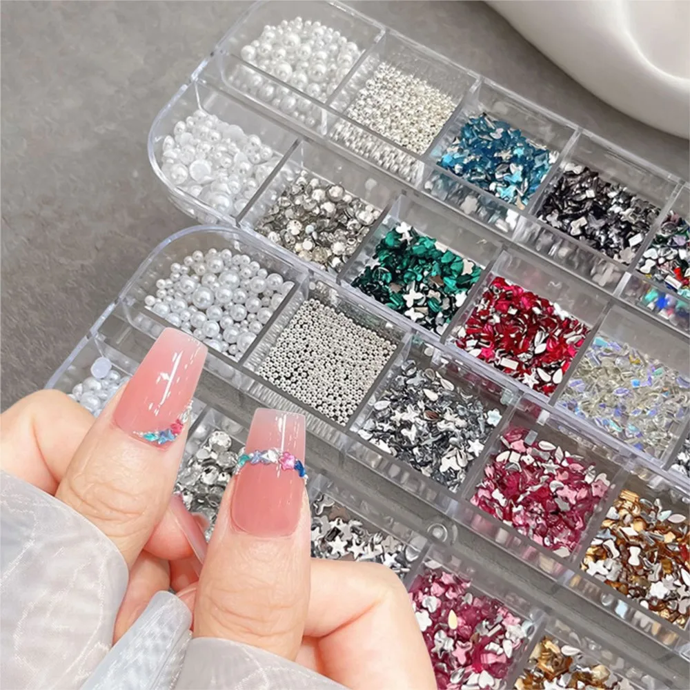 

1/2Box Pearl Steel Beads Mixed Crystal Nail Rhinestones Colorful Shiny Diamond Butterlfy Nail Charms Y2K Jewelry Nail Decoration
