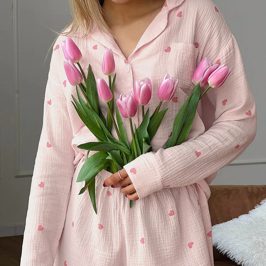 Loose Women\'s Home Clothes 2 Piece Sets Print Long Sleeve Sleepwear Female Cotton Suits With Shorts Summer Casual Pajamas