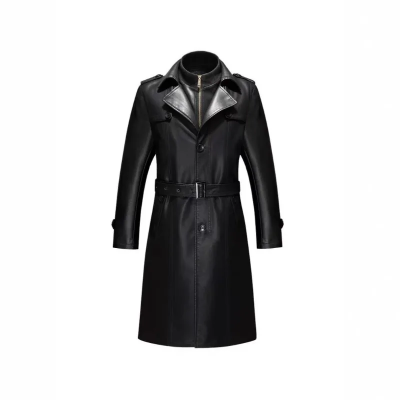 Cross-border Amazon Hot Selling Men's PU Leather Coat Autumn and Winter Men's Casual Business Double Collar Fur Coat Plus Long