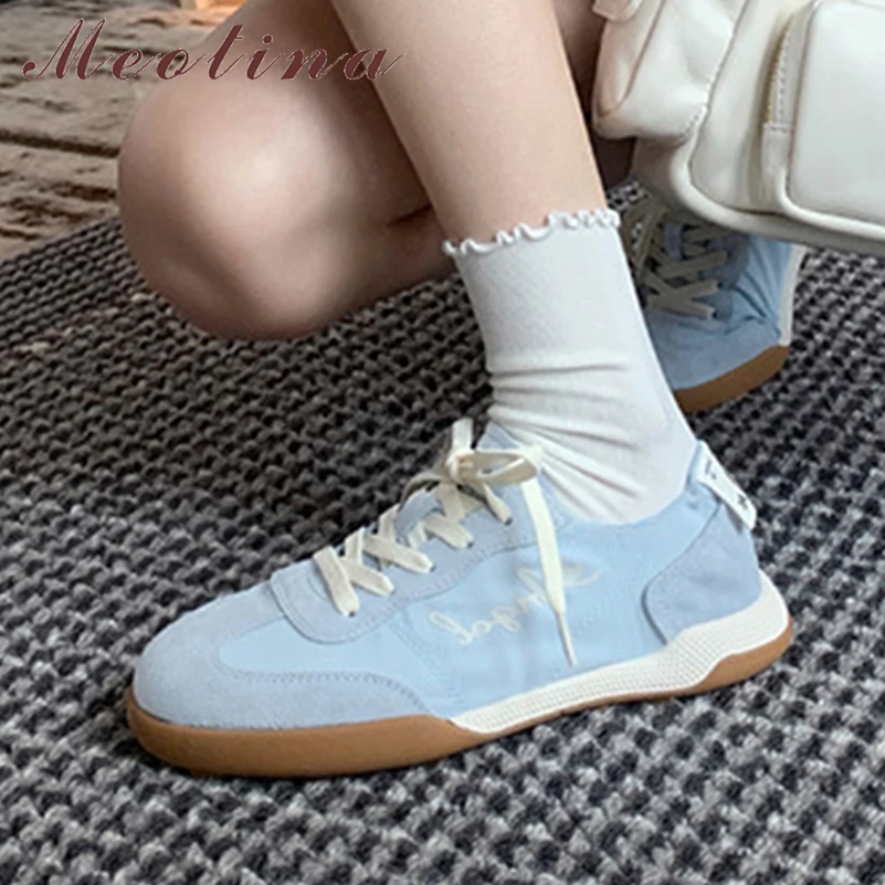 

Meotina Women Sneakers Round Toe Mixed Colors Flats Lace-up Ladies Fashion Casual Shoes Spring Autumn Yellow Apricot Blue 40