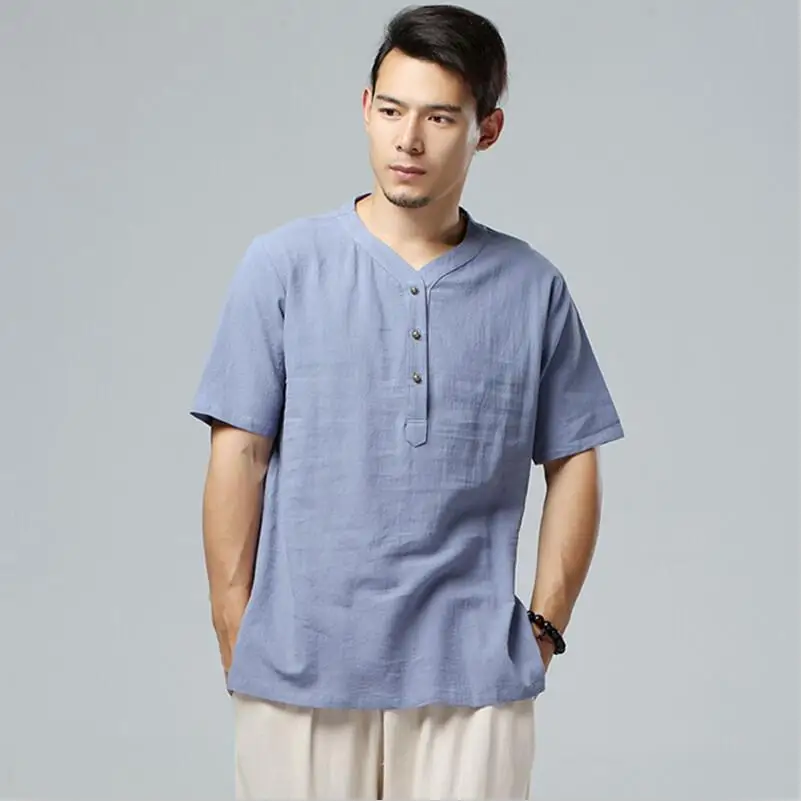 

Plus size men's cotton linen shirts, comfortable Mandarin Collar Leisure Brand T-Shirts, Black blue khaki red blouse camisa