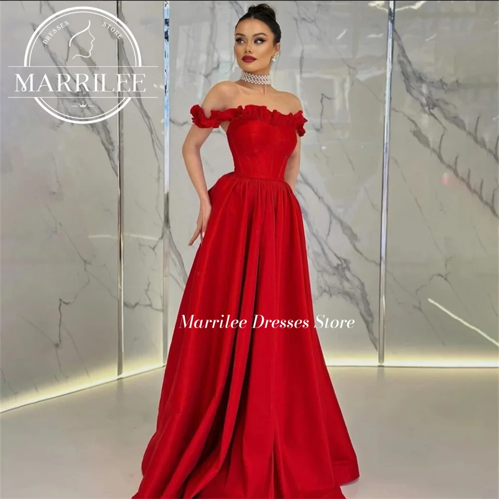 Marrilee-Red Off The Shoulder Stain Ruched Vestidos, A-Line, sem mangas, até o chão, Charming Prom Vestidos, querida