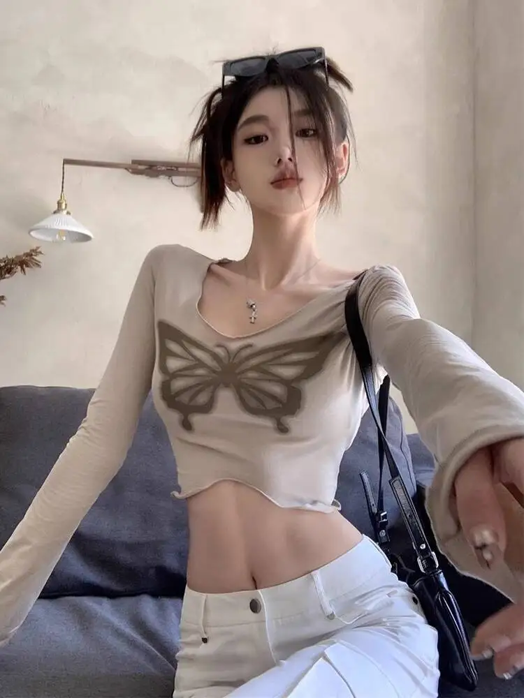 Women Crop Top Base Layer 2025 New Niche Jazz Dance Top Crop Style Kpop Stage Wear Unique Slim Fit Layering Shirt