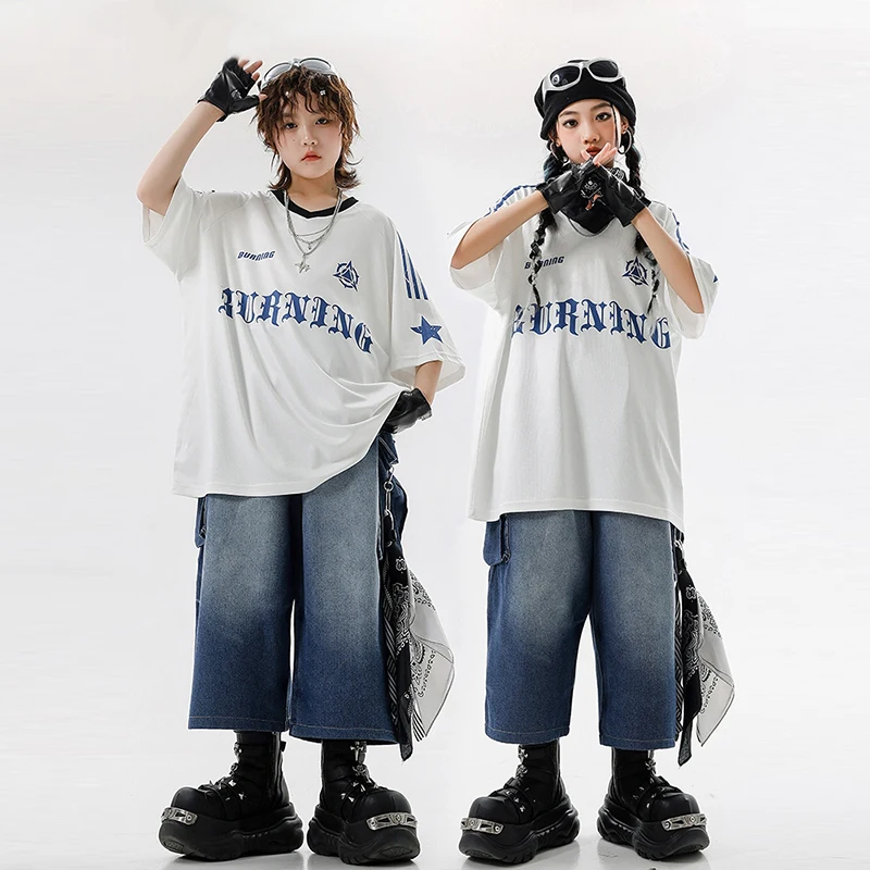 소녀 힙합 재즈 복장 멋진 소년 스트리트 댄스 의상 어린이 streetwear 십대 의상 느슨한 7 피트 데님 반바지 세트 xh2970