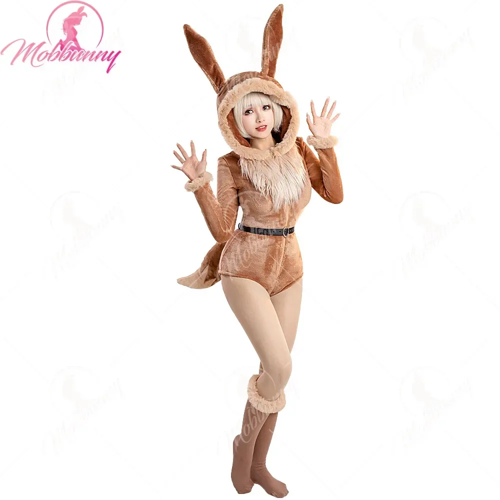 

Mobbunny PM Derivative Women Sexy Lingerie Bodysuit Plush Fluffy Hooded Deep V Romper and Socks with Belt and Tail