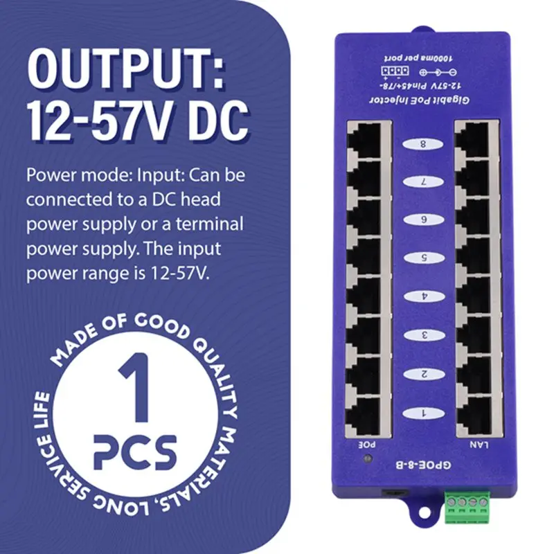 New 802.3af Mid-Span PoE Injector Mode B(4/5+,7/8-) Passive Gigabit 8 Port PoE Injector for UBNT CCTV Network-ABPX view 4