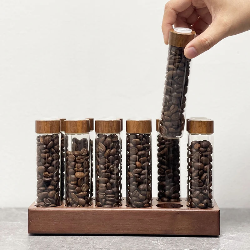 Coffee Beans Storage Container Glass Tube Bottle With Breathable Lid Walnut Display Rack Barista Accessories Tools Coffeware Set