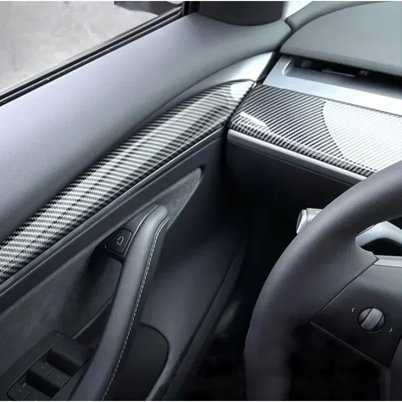 Car Door Side Trim Dashboard Cover For Tesla Model 3 Y Carbon Fiber Pattern Front Interior Dashboard Central Control Trim Strip