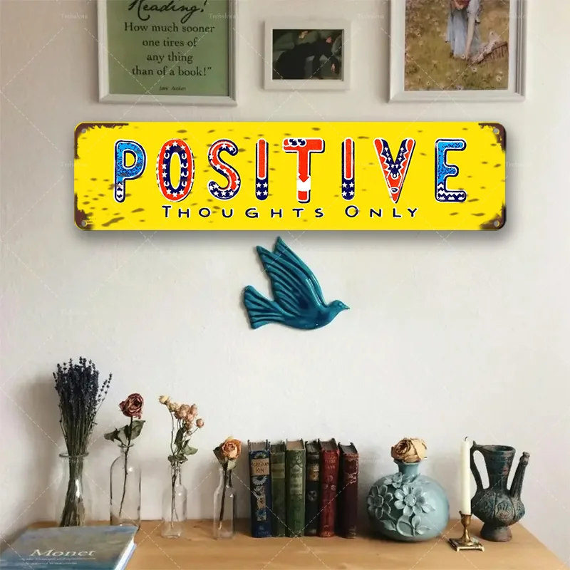 1 قطعة علامة معدنية، مقاس 4 × 16 بوصة "أفكار إيجابية فقط: لافتة معدنية على الطراز الوطني لديكور المنزل"