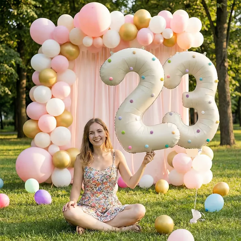 40 Zoll Creme-Farbener Zahlen-Folienballon mit 20 Pompons DIY Geburtstag Fotobox Party Deko Gemischte Farben Großer Digitaler Ballon