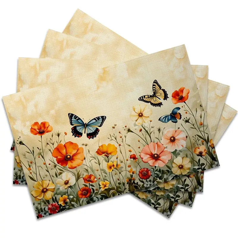 4Pcs, Grass Flower and Butterfly Placemats, the Best Placemats, Washable, Suitable for Holiday Parties, Home Decor, Kitchen Countertops, Rectangular Dining Rooms, Make Your Dining Room and Kitchen More Beautiful, Birthday Gifts and Housewarming Party Gifts for Family and Friends