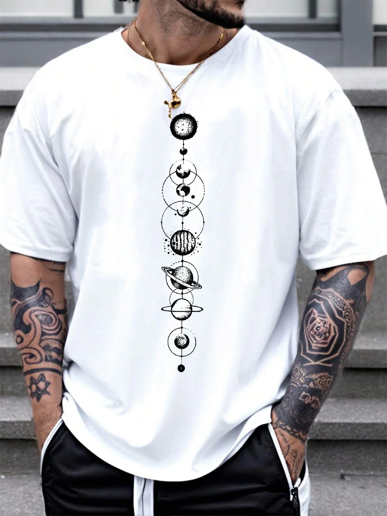 

Men's summer 100 cotton fashionable casual sports loose space planet pattern printed round neck short sleeved T-shirt top