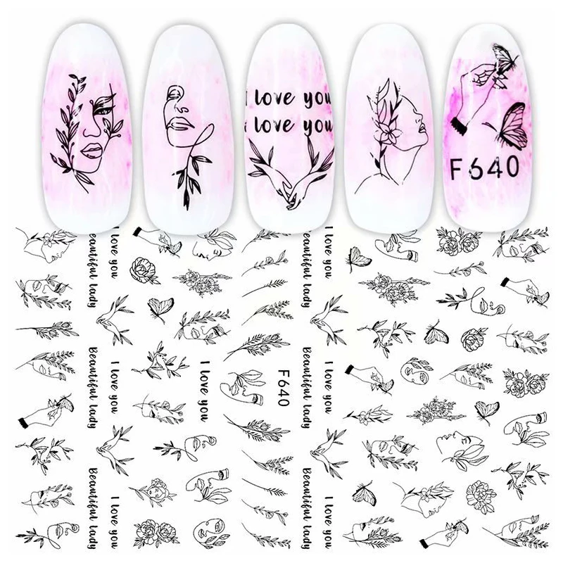 

Nail Art Decals Black Sketch Face Leafs Flowers Butterfly Back Glue Nail Stickers Decoration For Nail Tips Beauty