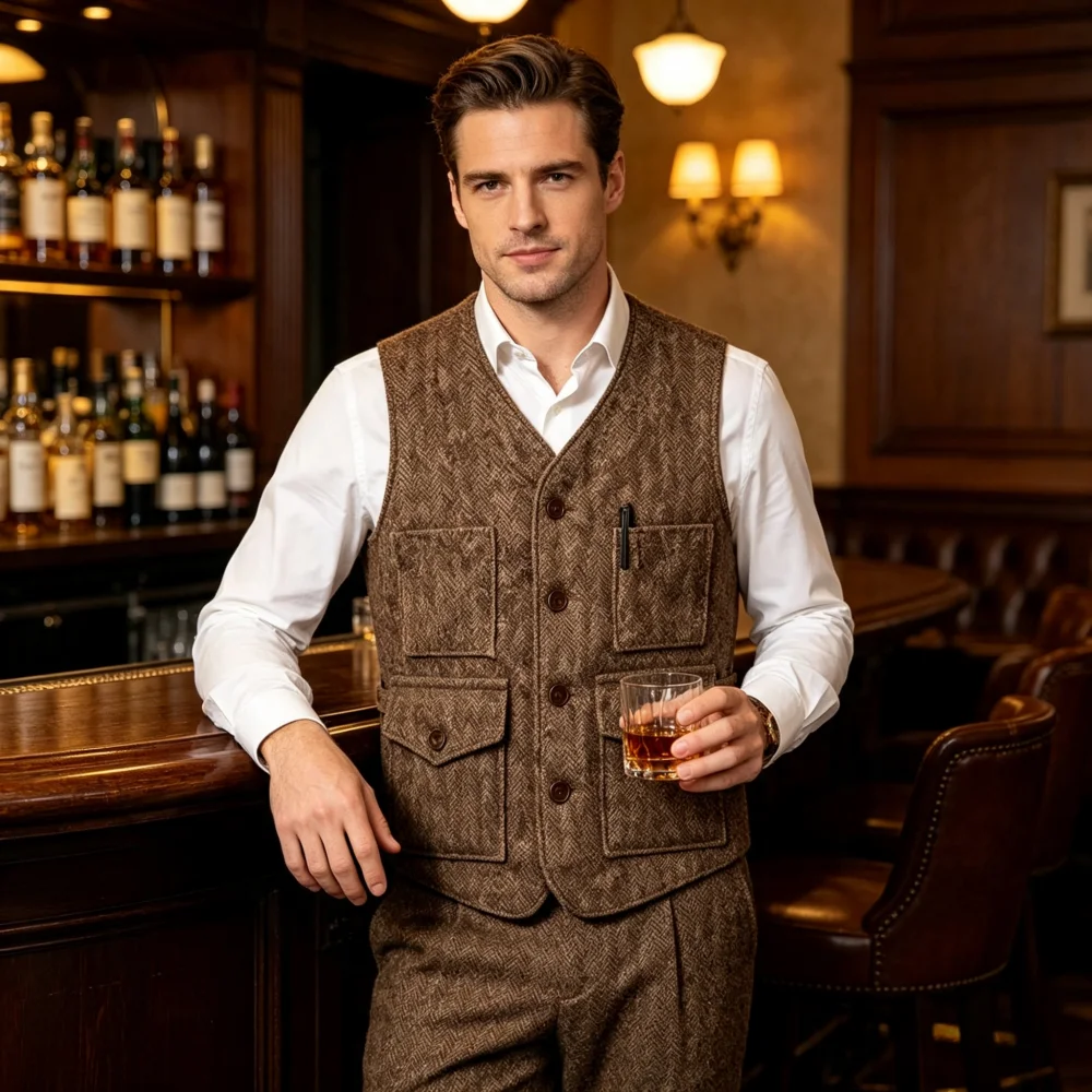 Men's Herringbone Tweed Vest Single Breasted Multi Pocket Business Men's Herringbone Waistcoat For Wedding Groomsemen