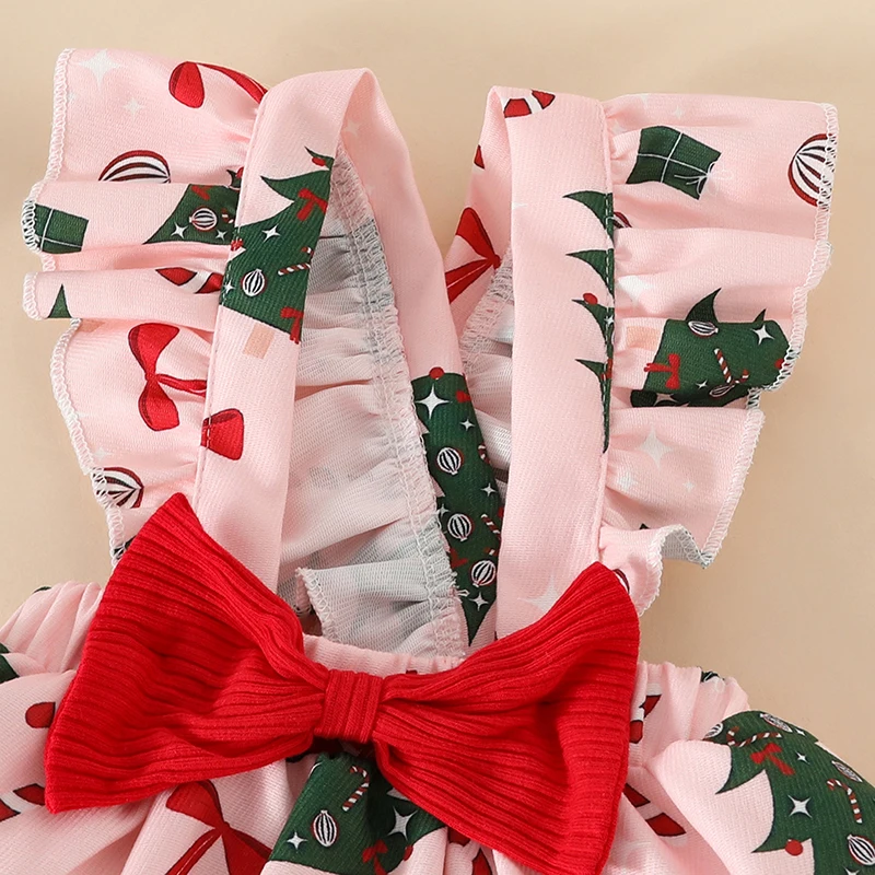 VISgogo 0-24 Months Baby Girls Christmas Outfits Ribbed Long Sleeve Romper Bow Suspender Skirt Headband 3Pcs Newborn Clothes