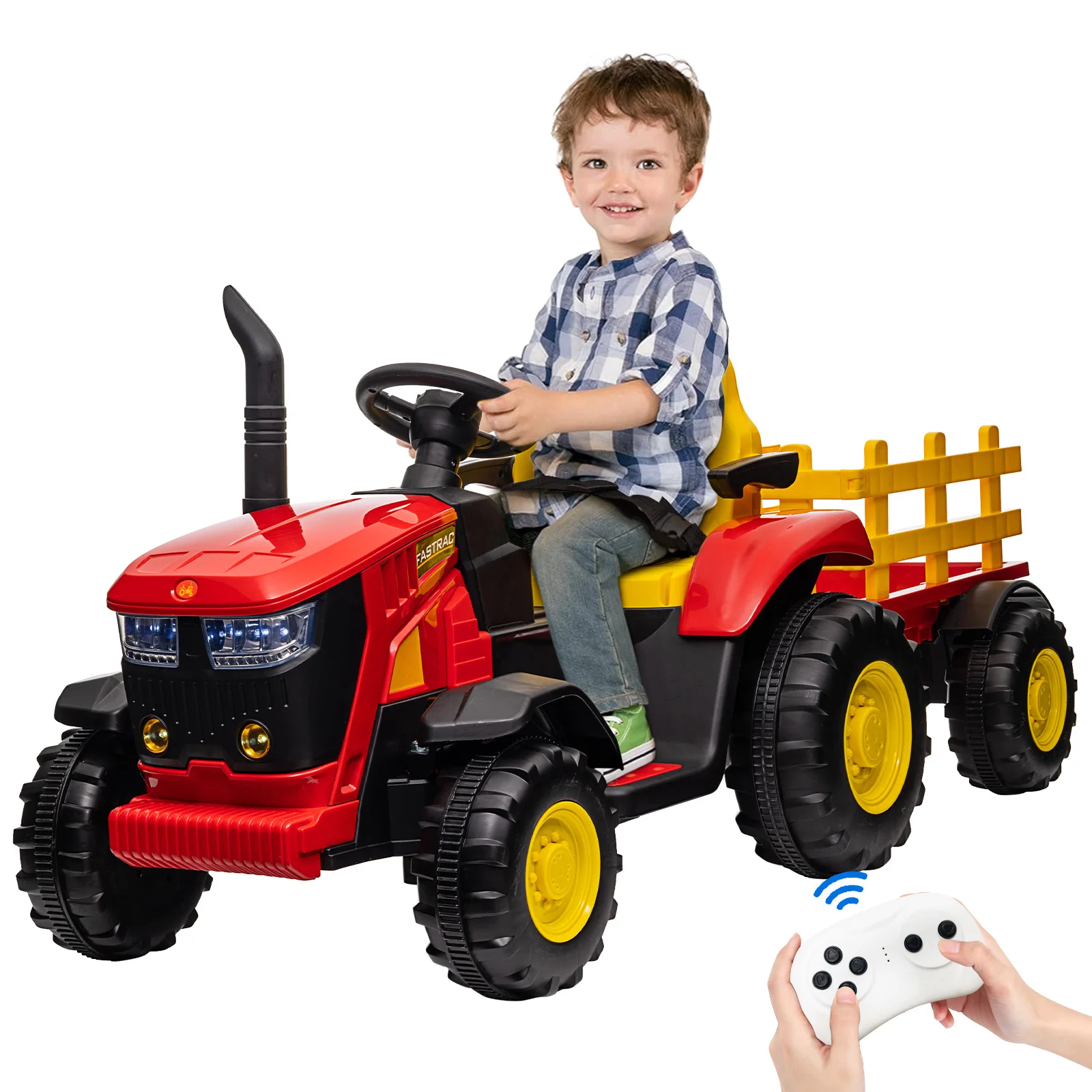 Ride-on Tractor for Kids with Detachable Trailer,12v, Remote Control, LED Headlights, USB Music, 7Ah Battery, Dual 35w Motors