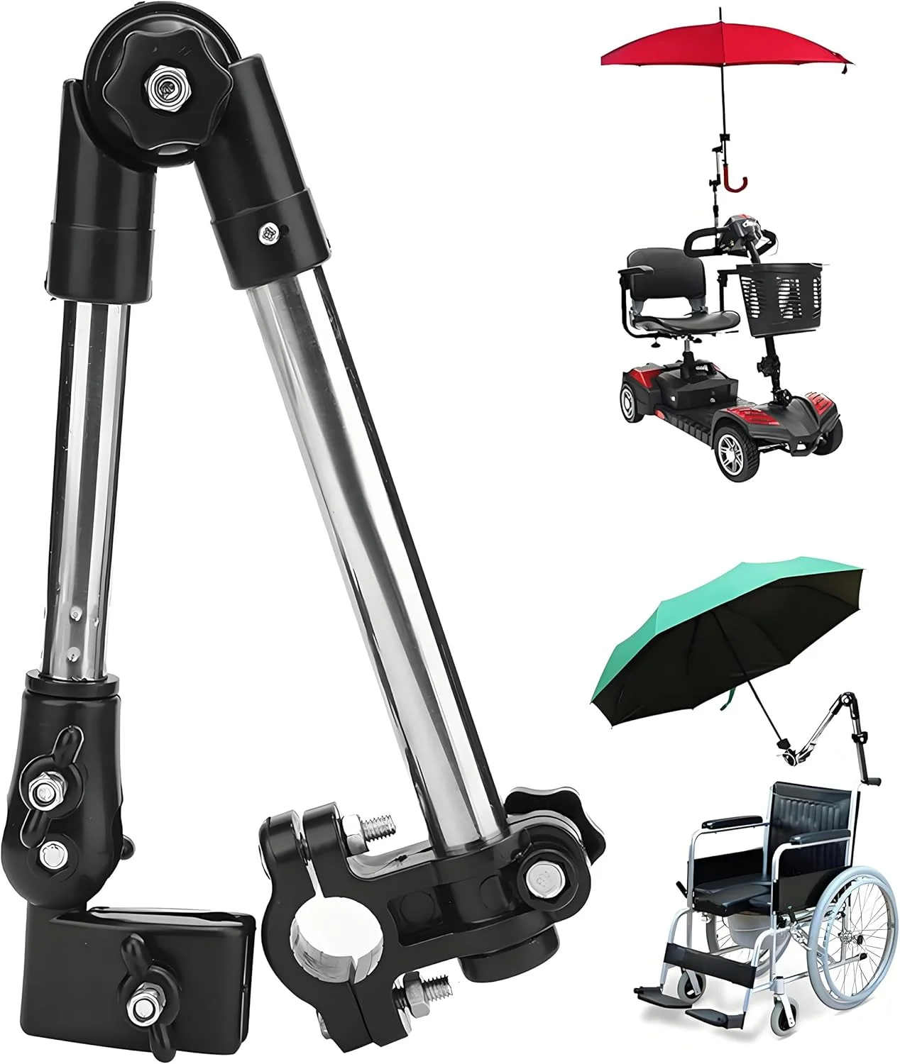 Adjustable Stainless Steel Umbrella Holder for Wheelchairs & Bikes - Foldable Design with Swivel Connector for Sun Protection