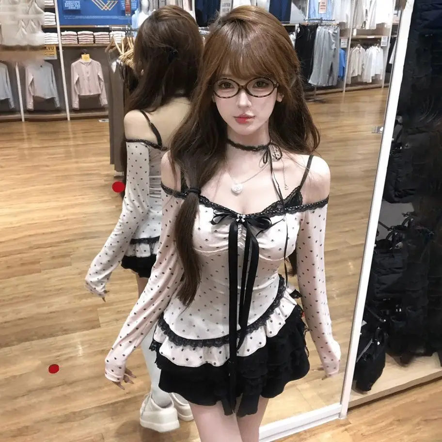 Japanese Style Sweet High Street Y2K Two-piece Set Women's Bowknot Polka Dot Tops + Lace Slightly Stretchy Dress Chic Party Set