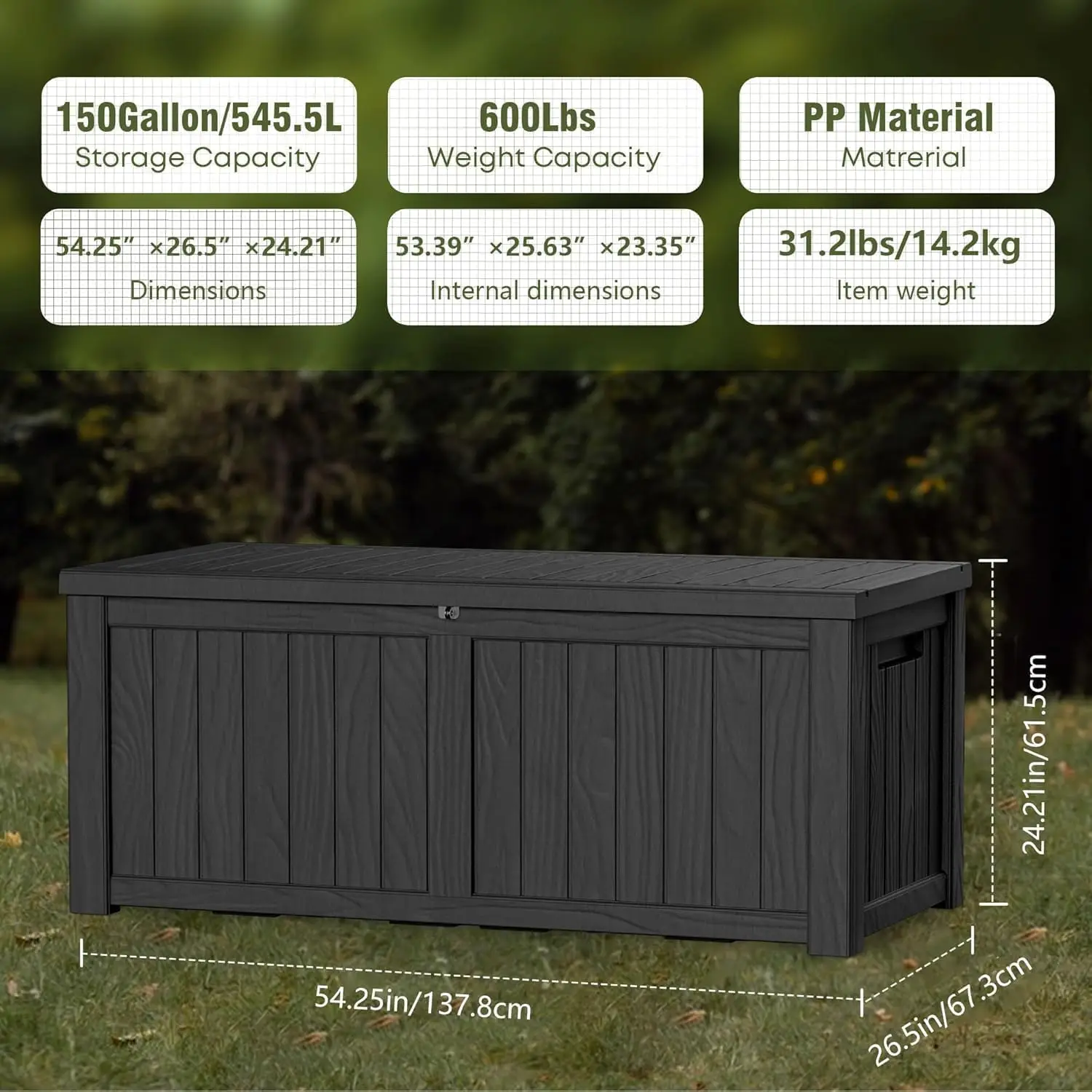 150 Gallon Outdoor Storage Box Patio Deck Box Waterproof, Resin Lockable Outside Large Storage Bin for Pool Cushion Furniture