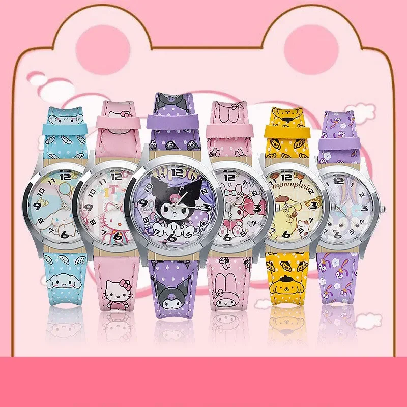 MINISO Disney Sanrio Children's Watch Hellokitty Kuromi Cinnamoroll Cartoon Leather Watch With Box For Kids Watch Birthday Gift