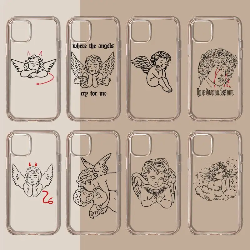 Crying angel demon line art Phone Case Transparent soft For iphone 11 13 12 14 15 pro max mini plus