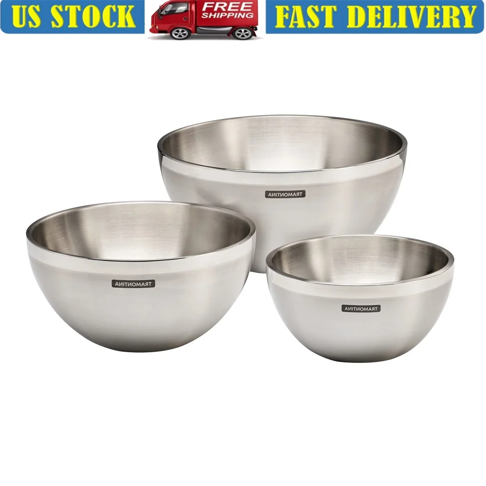 

3 Piece Insulated Double Wall Stainless Steel Mixing Bowl Set Dishwasher Safe Nesting Storage Elegant Kitchen Serving