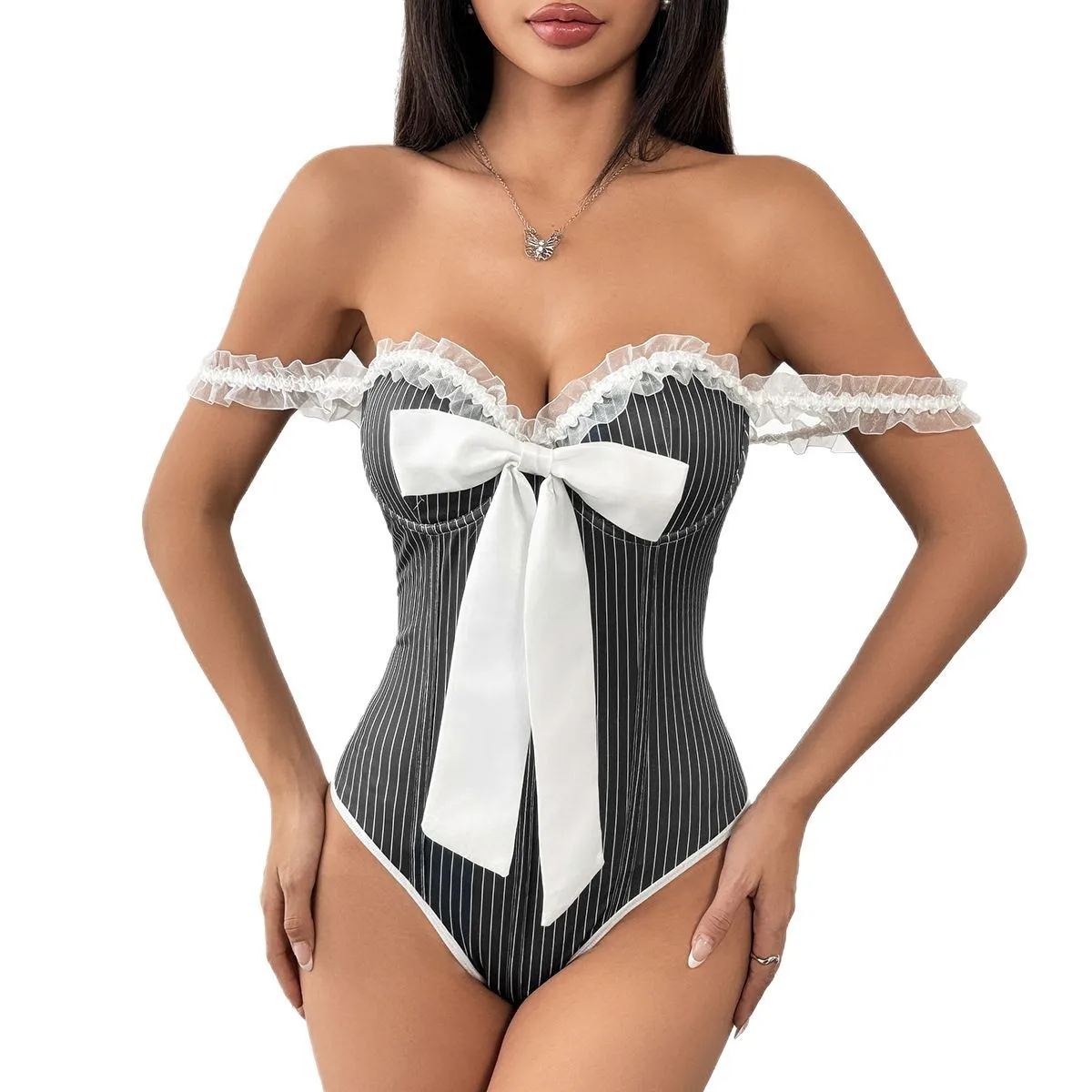 Foreign Trade Striped Bow Sling Splicing Lace Slim Onesie Women's Clothing Cw69155