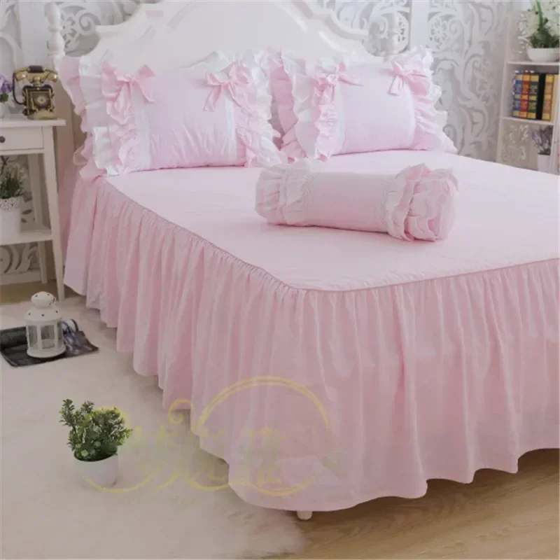 New Luxury Layers Bedding Set Sweet Princess Bow Ruffle Duvet Cover Wedding Bedding Pink Bed Sheet Girl Baby Bed Skirt Cover