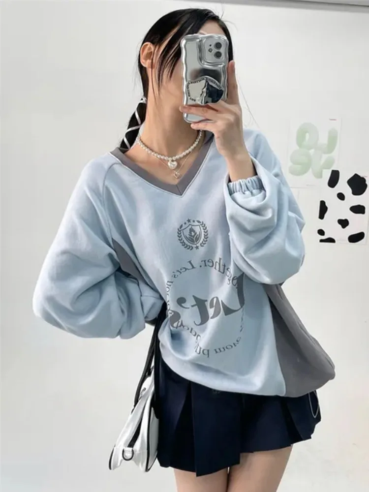 Streetwear New Letter Print Hoodies Women Vintage Harajuku Sweatshirt Loose Tops Y2k Aesthetic Patchwork All Match Fashion Hoody