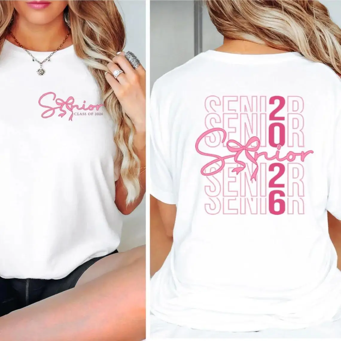 

Women's Senior Class of 2026 T-shirt Graduation Gift Graphic Tee Pink Bow Print Casual Short Sleeve Top