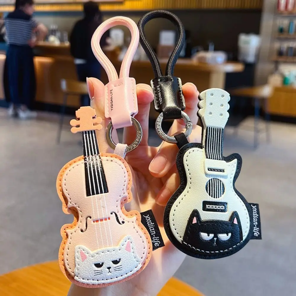PU Leather Leather Keychain Black Cat Piano Shape Musical Instrument Keychain Guitar Shape With Lanyard Guitar Keyring - view 5