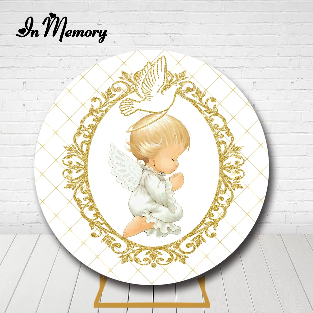 Baptism Round Backdrop Cover Gold Pigeon Angel Baby Shower Circle Background First Communion Party Decor Table Plinth Cover