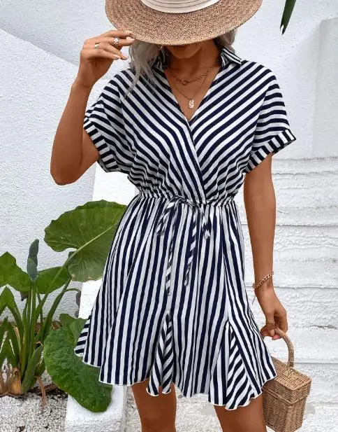 여름 드레스 여자 2025 다목적 프릴 스커트 v 넥 슬리밍 허리 Drawstring 셔츠 스트라이프 프린트 박쥐 슬리브 a ​​라인 드레스