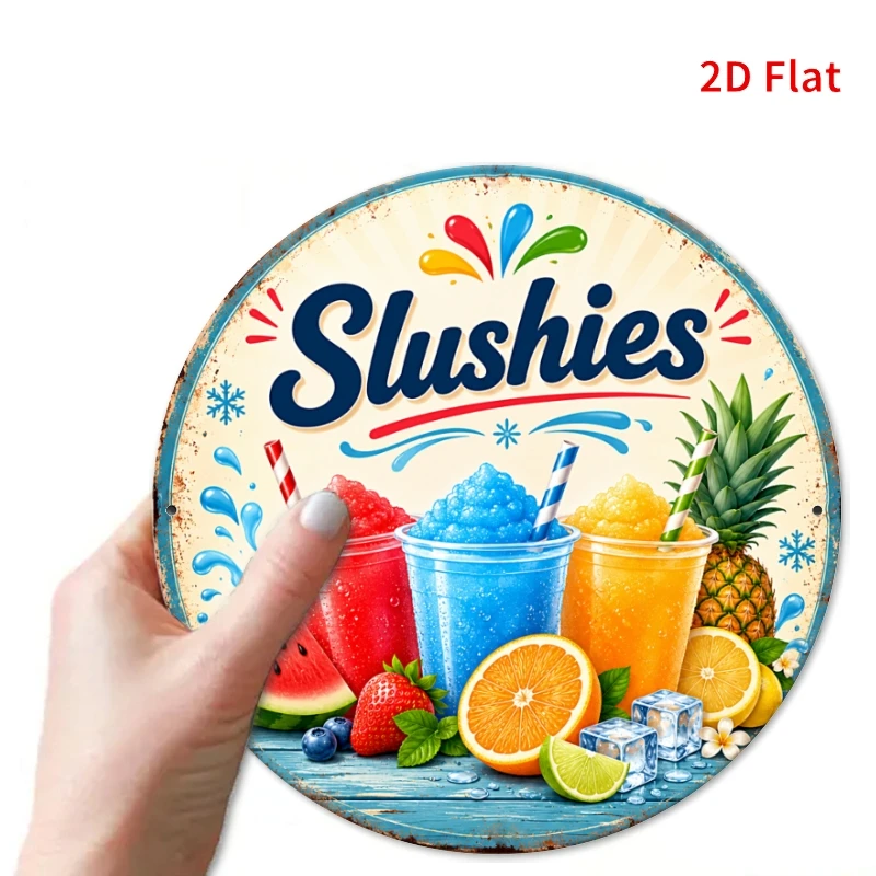 2D Flat, [2Dflat], 1pc20x20cm- Decorative Signs, Slushies Assorted Tropical Fruit Ice Slush Round Tin Plaque, Vintage Wall Decor
