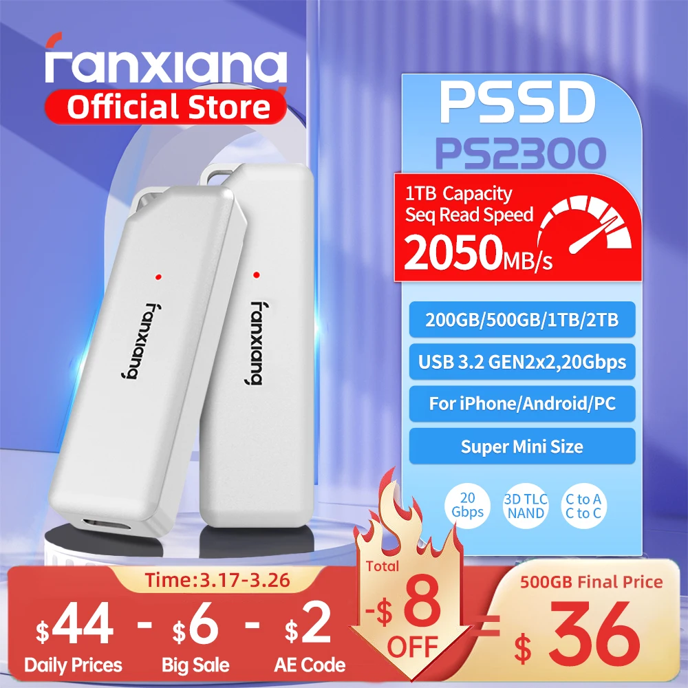 Fanxiang PS2300 Super Mini Portable Solid State Drive 20Gbps 2050MB/s PSSD 1TB 2TB External Portable SSD for Laptop Data Backup