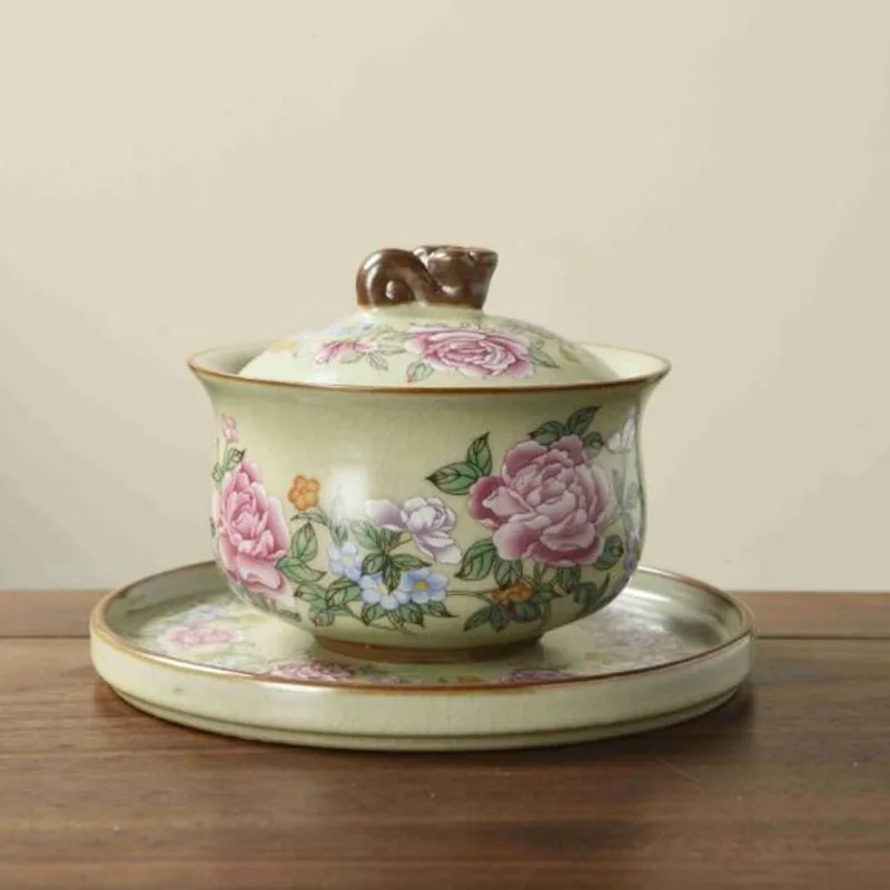 

Фарфоровый цветочный узор Sancai Gaiwan, тарелка большой емкости, чайная варенька, чайная чашка кунг-фу, офисная бытовая чайная посуда, костюм для питья