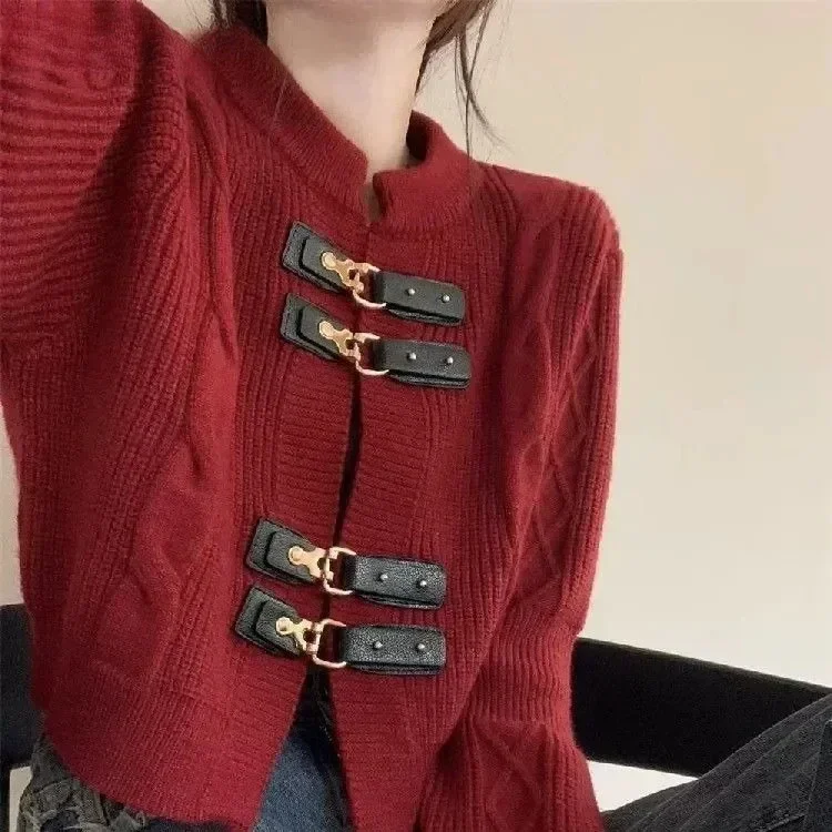 Retro Red Sweater Christmas Atmosphere Knitted Cardigan Leather Button Cropped Cardigans French Knitted Tops Y2k Clothes