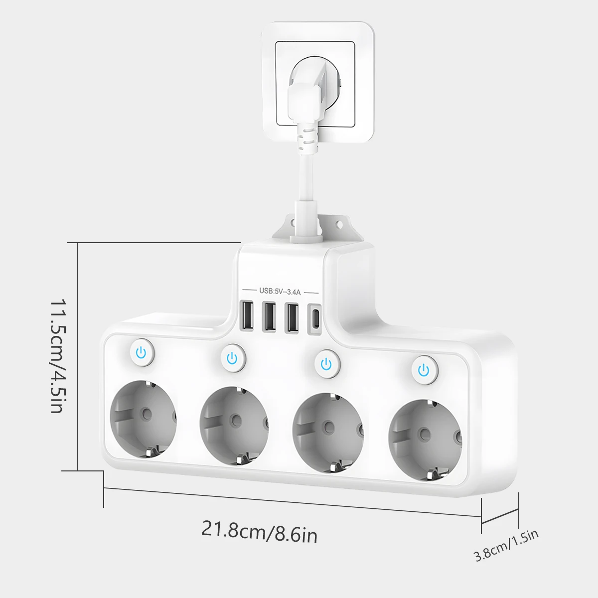 EU Power Strip Surge Protector With 4AC+(2USB 2USB C),Multiple Socket Wall Mount Electrical Sockets Adapter With For Home Office