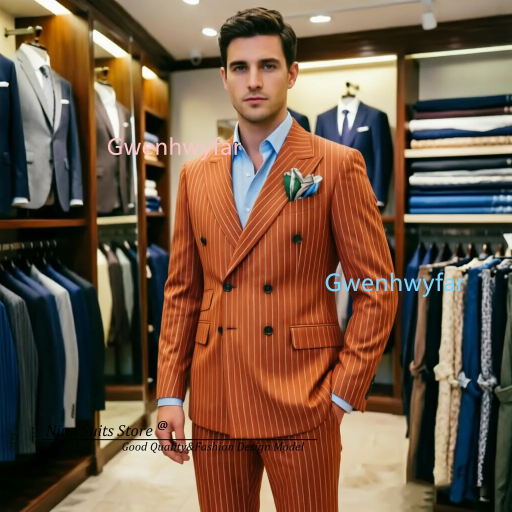 G&N 2026 White Stripe Orange Men Suits Summer Thin Formal Occasion Double Breasted Special Custome Peak Lapel Male Blazer Pants