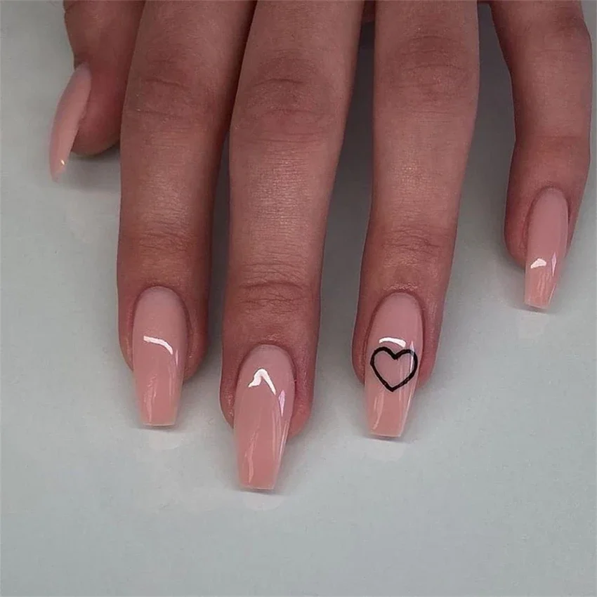 

24Pcs/Set Nude Short Ballet Heart Design Press on Nails Art Handmade Stick Wearing False Nails French Acrylic Fake Nails Tips