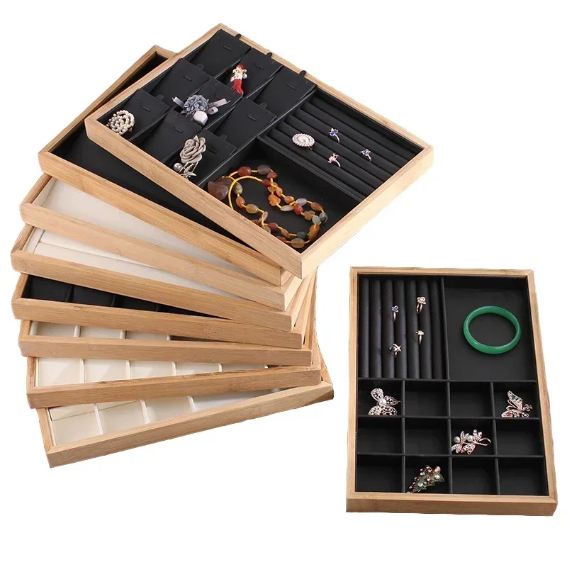 PU Leather Bamboo Jewelry Display Tray Necklace Bracelet Bangle Rings Earrings Display Jewelry Organizer Holder Showcase