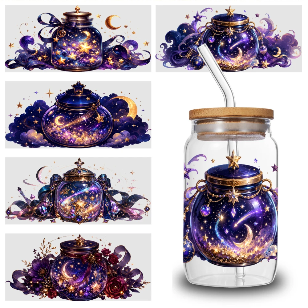 5 Sheets Starry Night Jar UV DTF Stickers Plastic Self-Adhesive Labels Waterproof Decals Transfer Sticker Decal