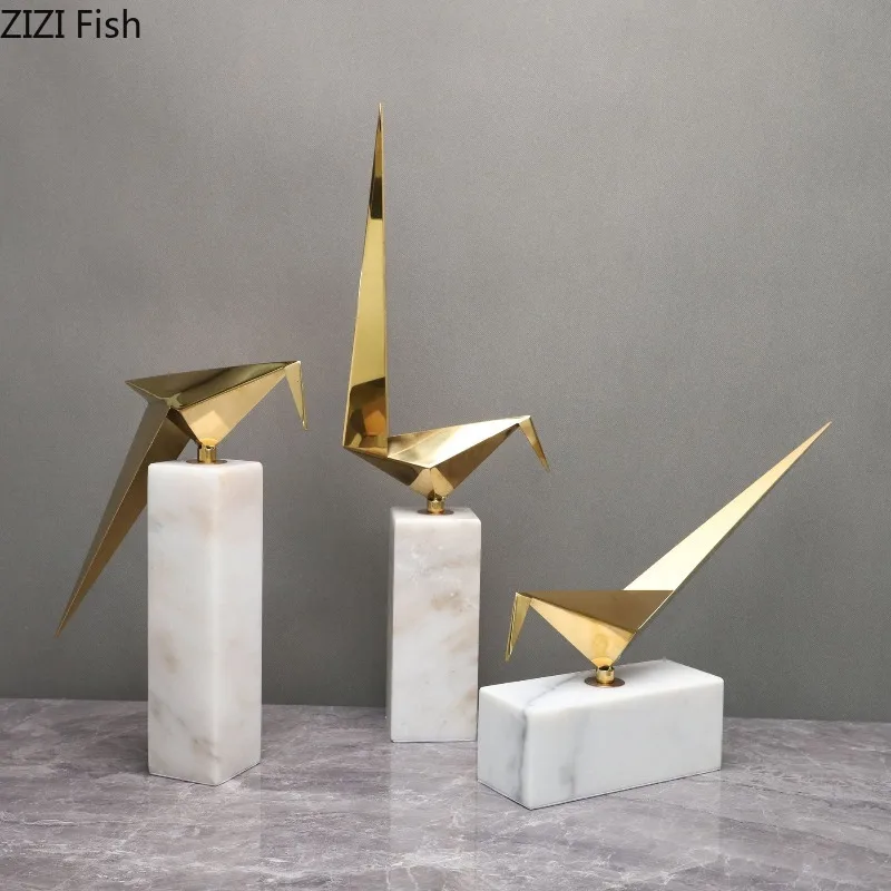 Marble Stainless Steel Paper Crane Ornament Art Sculpture Living Room Decoration Crafts Home Decor Desktop Statue Figurines