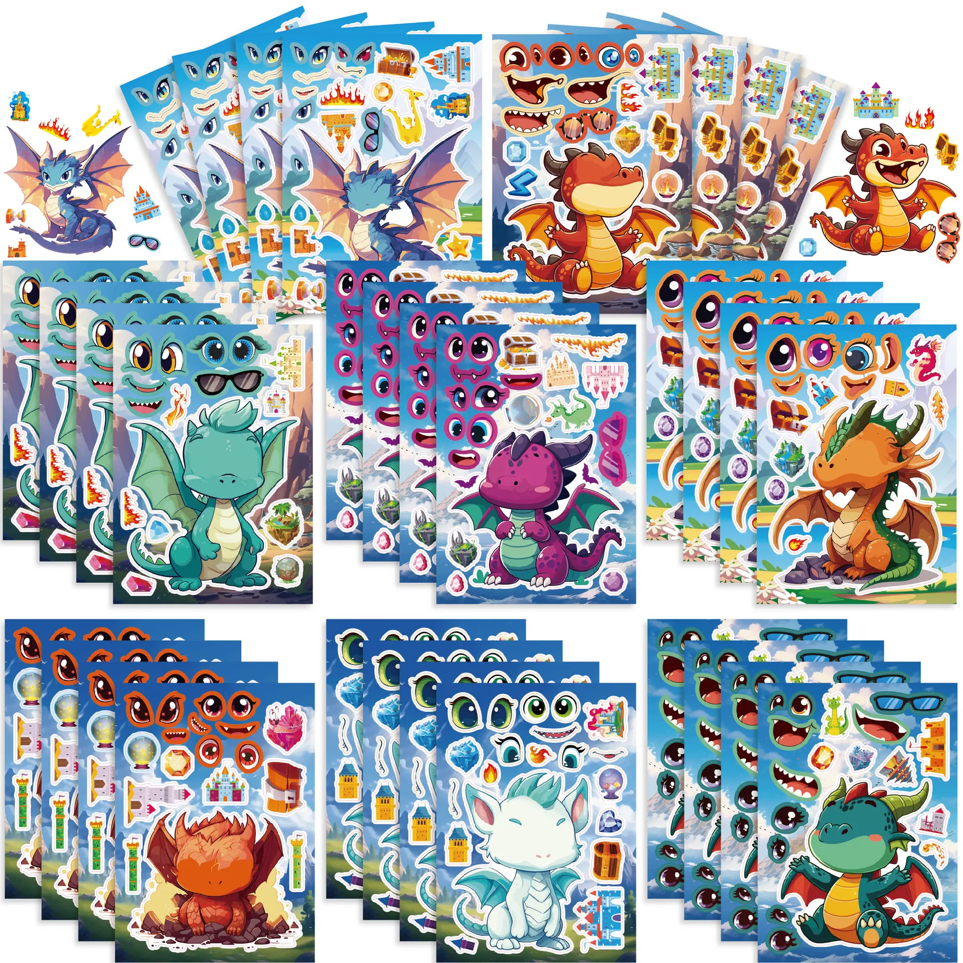 

8 листов, наклейки «Сделайте свои собственные динозавры», детские наклейки-головоломки «сделай сам», «Сделай сам», «Сделай лицо», мультяшный дракон, сборные наклейки-головоломки для детей