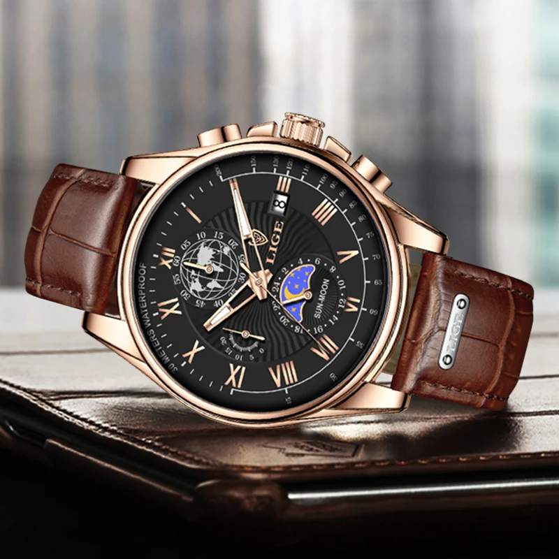 LIGE New 24 Hour Moon Phase Watch Men Fashion Business Leather Watch For Men Waterproof Chronograph Quartz Clock Male Watch