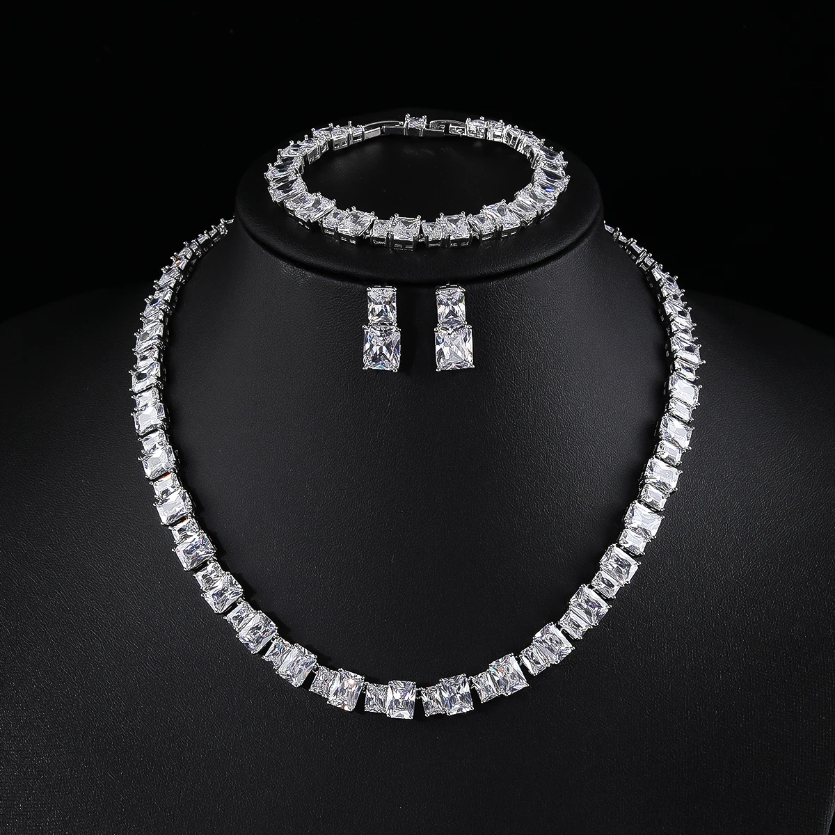 Luxury Square Shape Cubic Zircon Necklace Earring Bracelet 3Piece Jewelry Sets Women Wedding Bridal Jewelry Accessories CN11142A