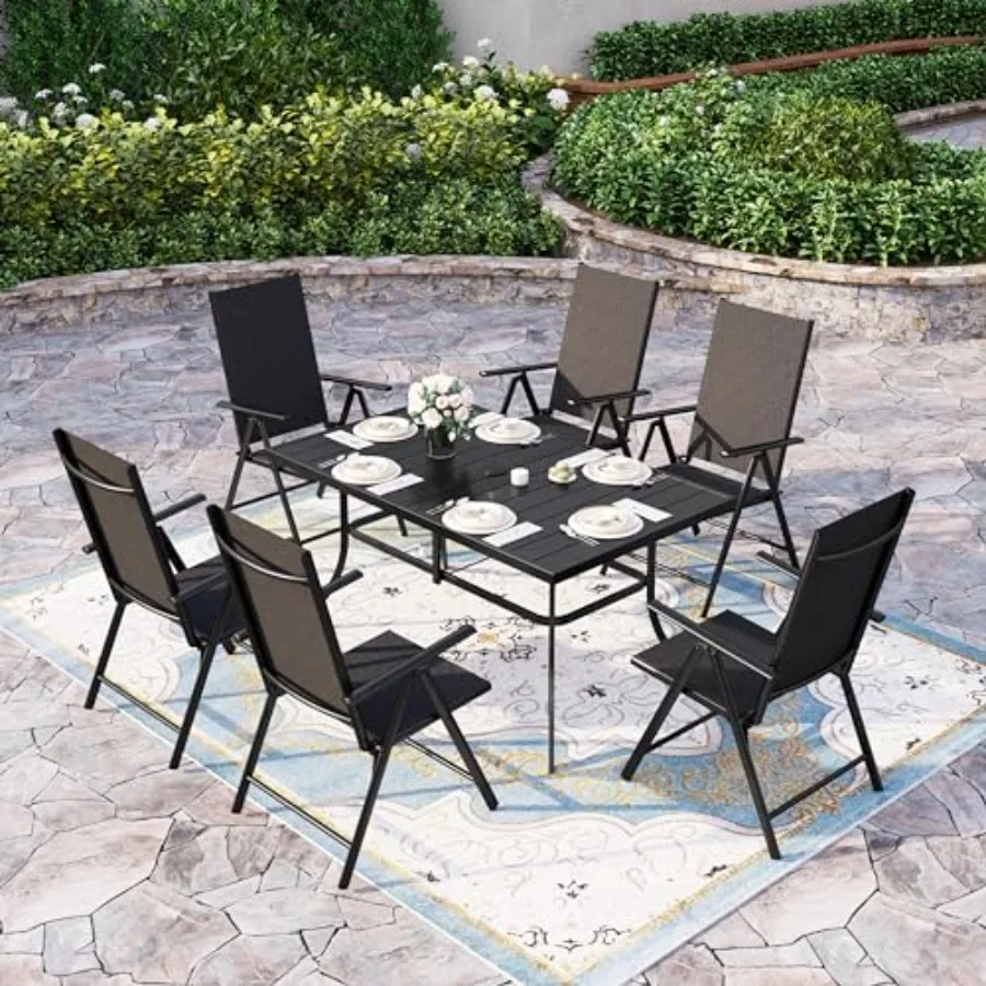 

Комплект для уличной обеденной зоны из 7 предметов: 6 складных стульев с высокой спинкой из текстилена, черные, с регулируемой высотой 1,57-1,9 м и отверстием для зонта, прочный алюминий