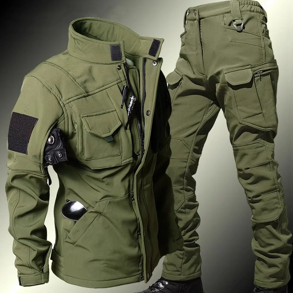 Windproof Waterproof Biker Suit Men Tactical Jacket Pants Sets Winter Shark Skin  Soft Shell Uniform Warm Fleece Coats