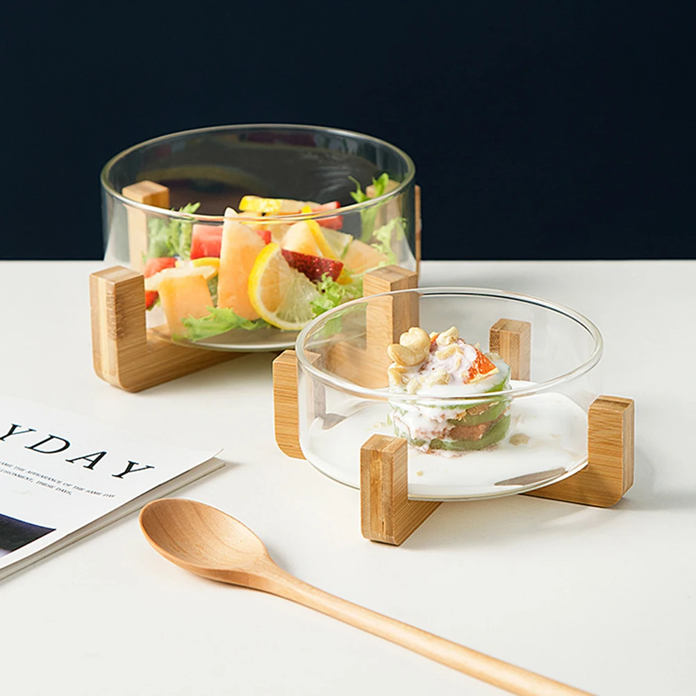 

Heat Resistant Glass Salad With Wooden Base Food Serving Bowl Noodle Fruit Storage Mixing Bowl Home Kitchen Glassware